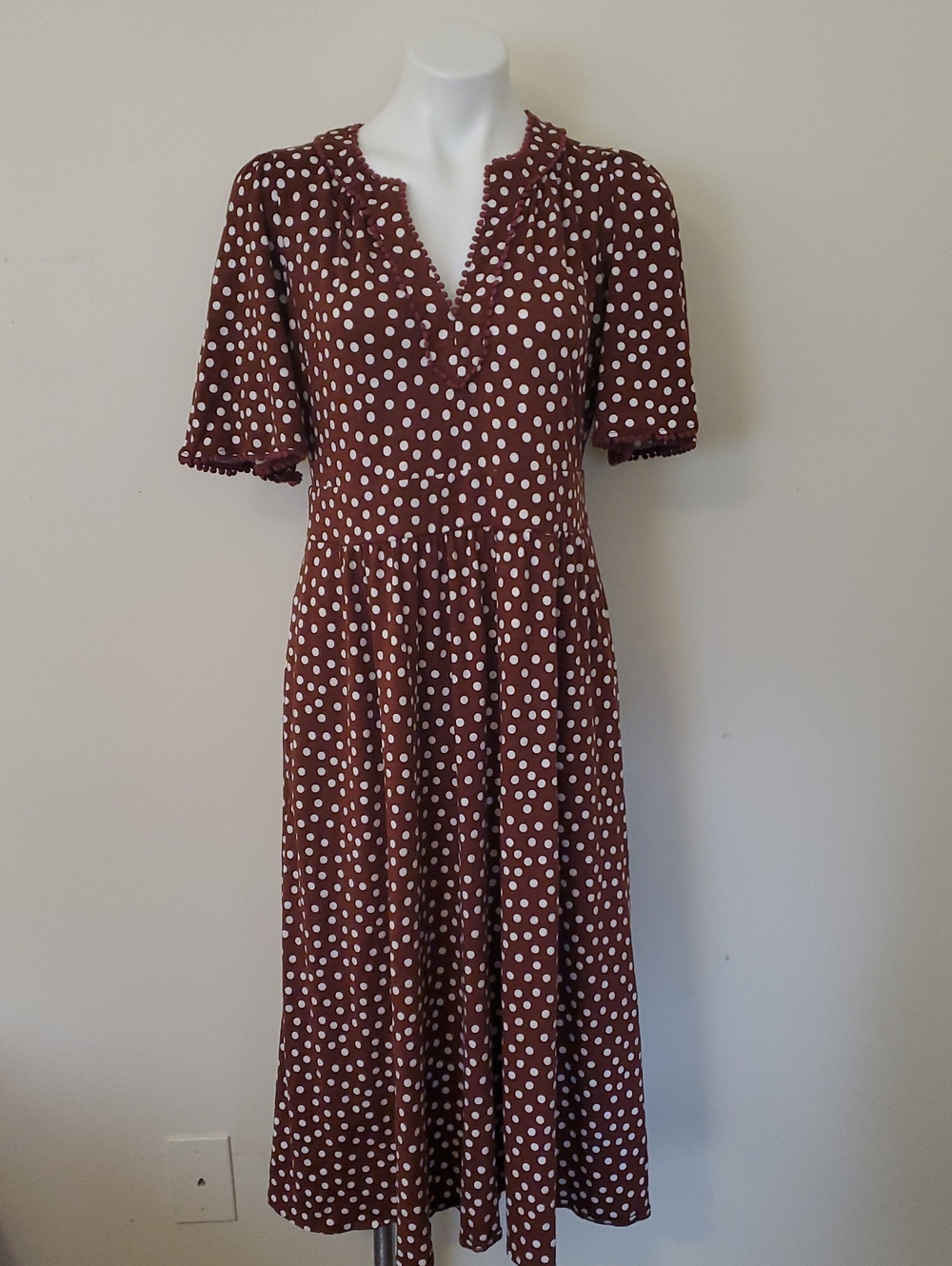 Boden MaddieTrim Jersey Brown Polka Dot Midi Dress